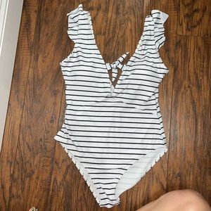 One Piece, Black and White Striped Bathing Suit
